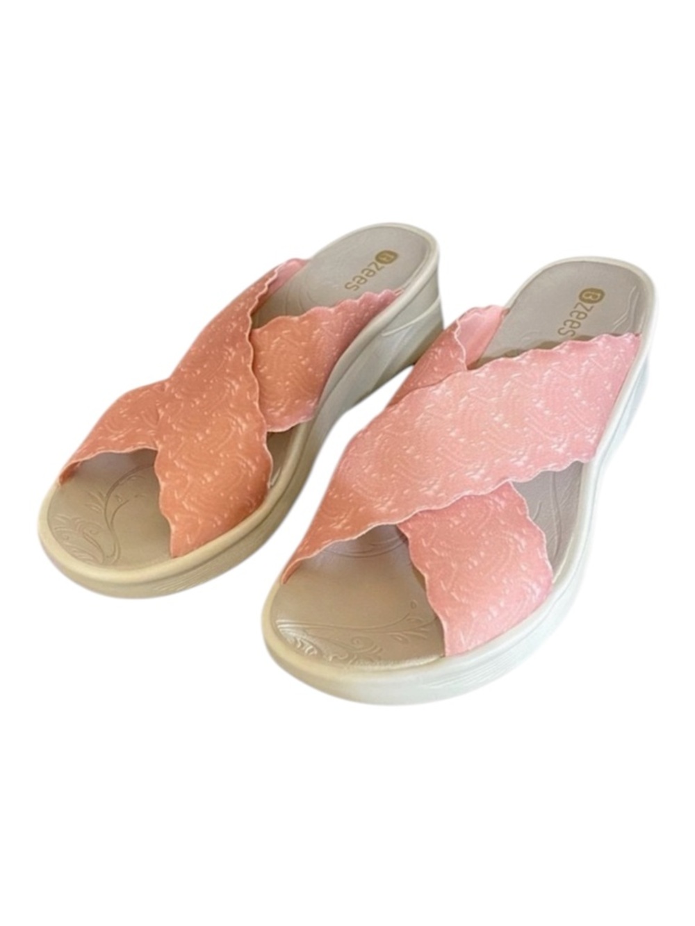 Bzees Padded Comfort Wedge Slide Sandals Scalloped Strap Women’s Size 8.…